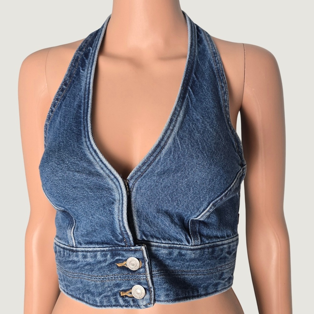 Levis Womens XS Denim Halter Top Medium Wash Smocked Back V-Neck Cropped‎ Vest
